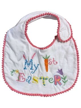 Personalized “My 1st Easter” Embroidered Baby Bib Pink Pom Trim Bunny Carrot